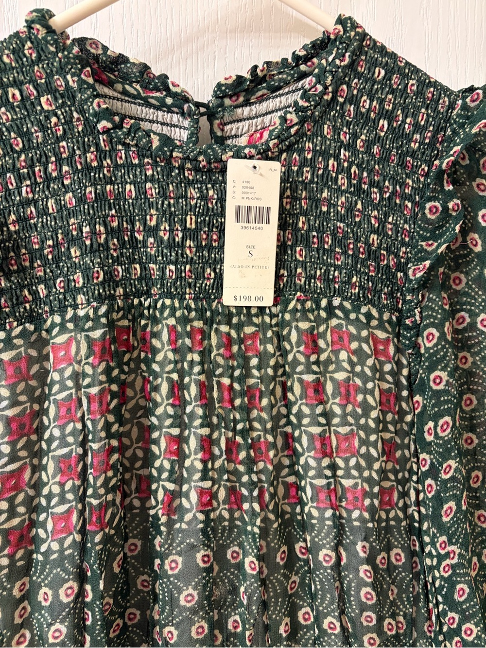 Anthropologie Green Floral Smocked Bodice Midi Dress